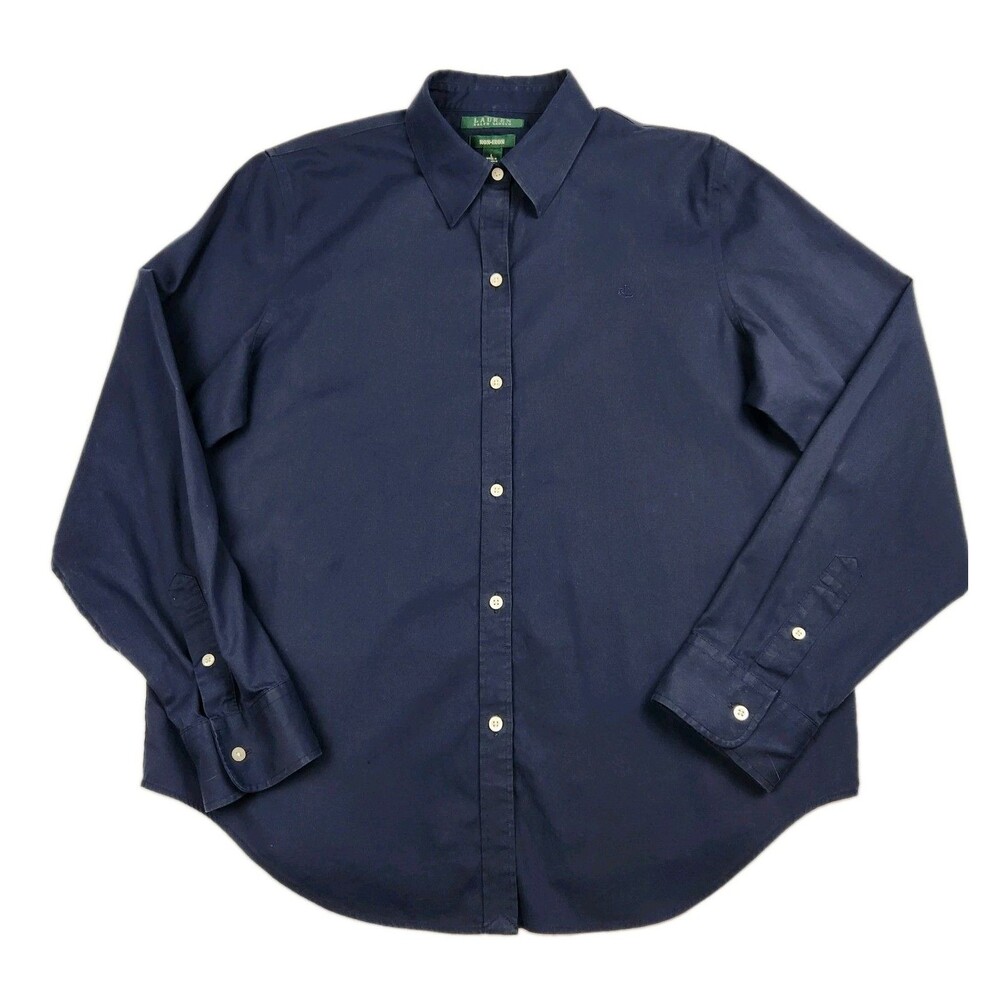 Lauren Ralph Lauren Button Shirt Navy Womens L Monogram Long Sleeve Office Chic